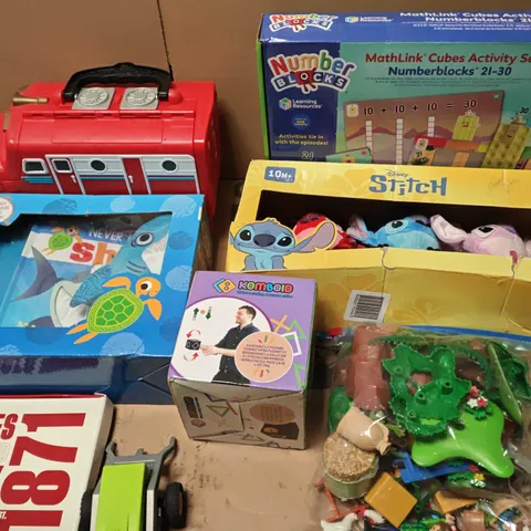 LOT OF APPROXIMATELY 30 ASSORTED TOYS AND GAMES TO INCLUDE STITCH PLUSHIES , DRESS UP ITEMS ANF PLAYMOBIL FIGURES