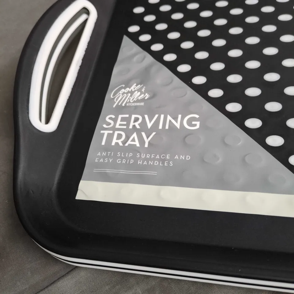 SERVING TRAY WITH ANTI-SLIP SURFACE AND EASY-GRIP HANDLES (BLACK WITH WHITE TRIM)