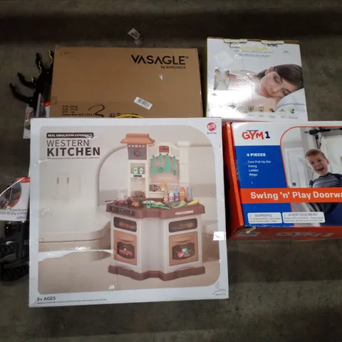 PALLET CONTAINING ASSORTED PRODUCTS INCLUDING WESTERN KITCHEN PLAYSET, SWING 'N' PLAY DOORWAY GYM, HEATED THROW, END TABLE & REACH AND PICKUP STICKS