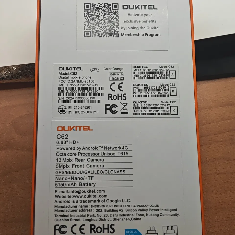 BOXED OUKITEL C62 128GB DIGITAL MOBILE PHONE IN ORANGE