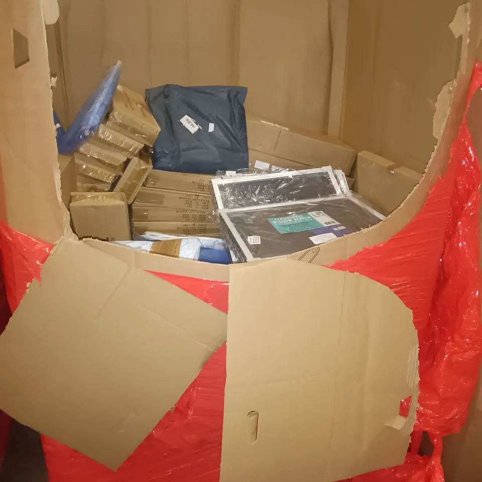 PALLET OF ASSORTED ITEMS TO INCLUDE BOXED WALL CLOCKS, OFFICE CHAIRS AND EXPANDABLE WINDOW SCREENS