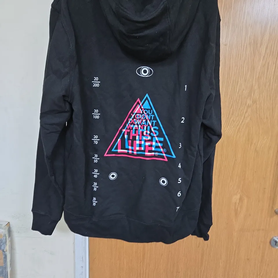 BLACK HOODIE WITH GRAPHIC TRIANGLE BACK PRINT – 'YOU DONT WANT THIS LIFE' SIZE XL