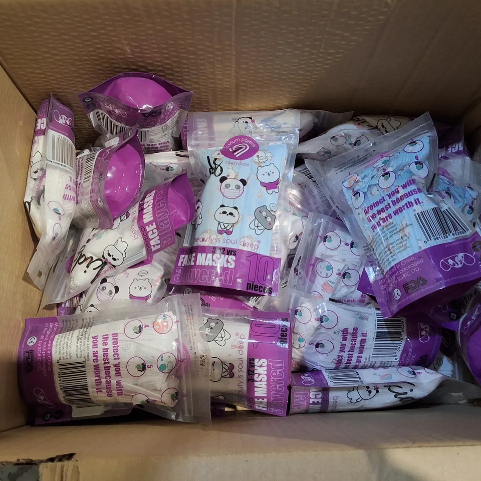 LOT OF 7 MULTI-PACK BOXES OF 3-LAYERED FACE MASKS TO INCLUDE PINK AND KIDS DESIGNS