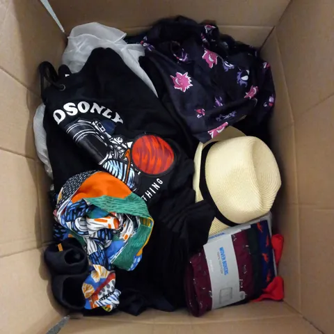 BOX OF ASSORTED CLOTHING ITEMS TOO INCLUDE JUMPERS, SHIRTS AND TROUSERS IN VARIOUS SIZES AND COLOURS