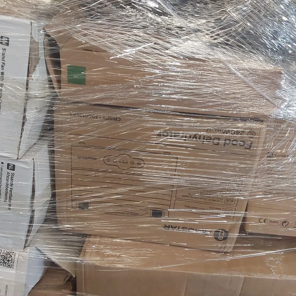 PALLET CONTAINING A LARGE ASSORTMENT OF CONSUMER PRODUCTS INCLUDING: AIGOSTAR STANDING FANS, WAFFLE MAKER, PET COOLING MAT, CEILING LIGHT, FOOD DEHYDRATOR ECT