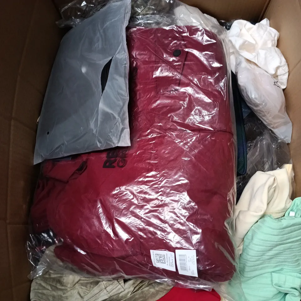 BOX OF APPROXIMATELY 25 ASSORTED CLOTHING ITEMS IN VARIOUS STYLES , COLOURS AND SIZES
