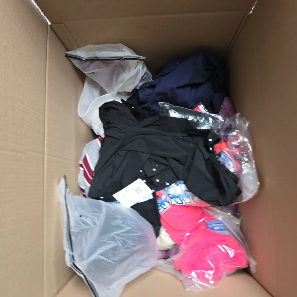 BOX OF APPROXIMATELY 20 ASSORTED CLOTHING ITEMS TO INCLUDE: GREY CHINOS AND RED WAISTCOAT