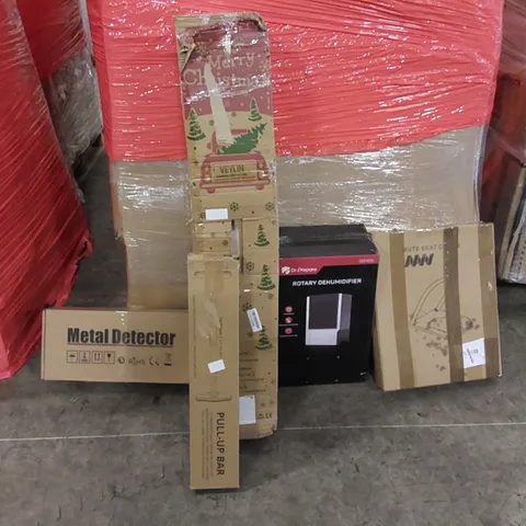 PALLET OF ASSORTED ITEMS INCLUDING: DEHUMIDIFIER, ARTIFICIAL CHRISTMAS TREE, PULL UP BAR, METAL DETECTOR, TOILET SEAT