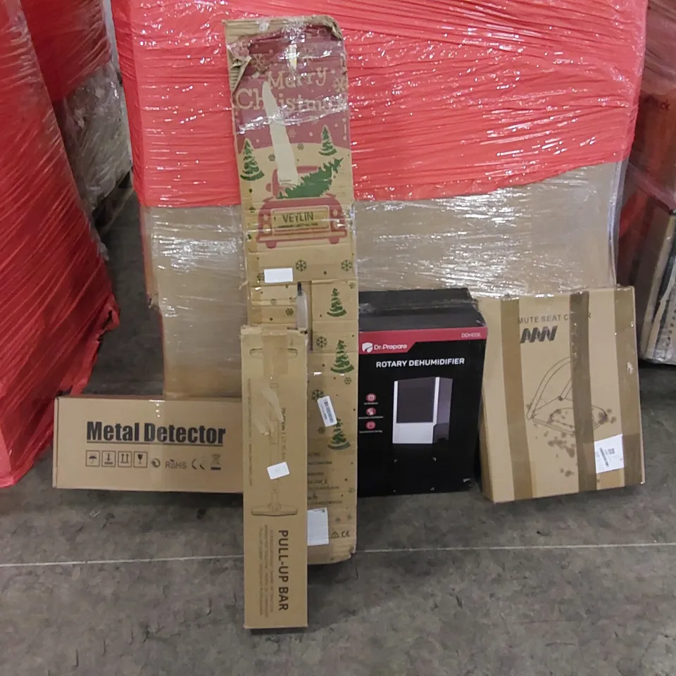 PALLET OF ASSORTED ITEMS INCLUDING: DEHUMIDIFIER, ARTIFICIAL CHRISTMAS TREE, PULL UP BAR, METAL DETECTOR, TOILET SEAT 