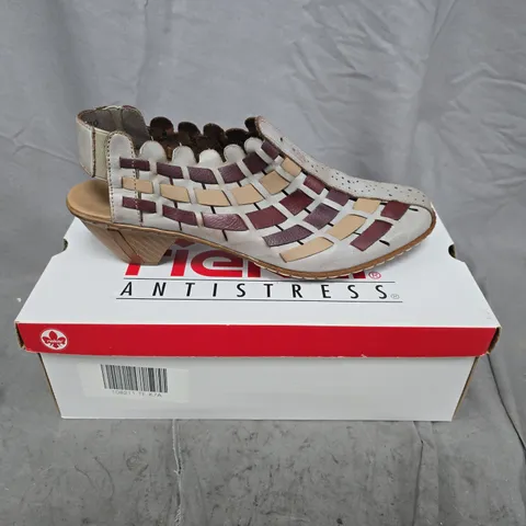 RIEKER ANTISTRESS WOMEN’S SANDALS – WHITE LEATHER WITH BURGUNDY & BEIGE CUTOUT, WEDGE HEEL SIZE 41