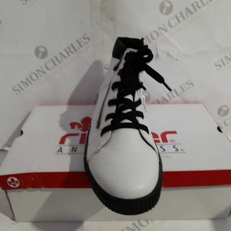 BOXED PAIR OF RIEKER HIGH TOP CUFFED TRAINERS WHITE SIZE 8