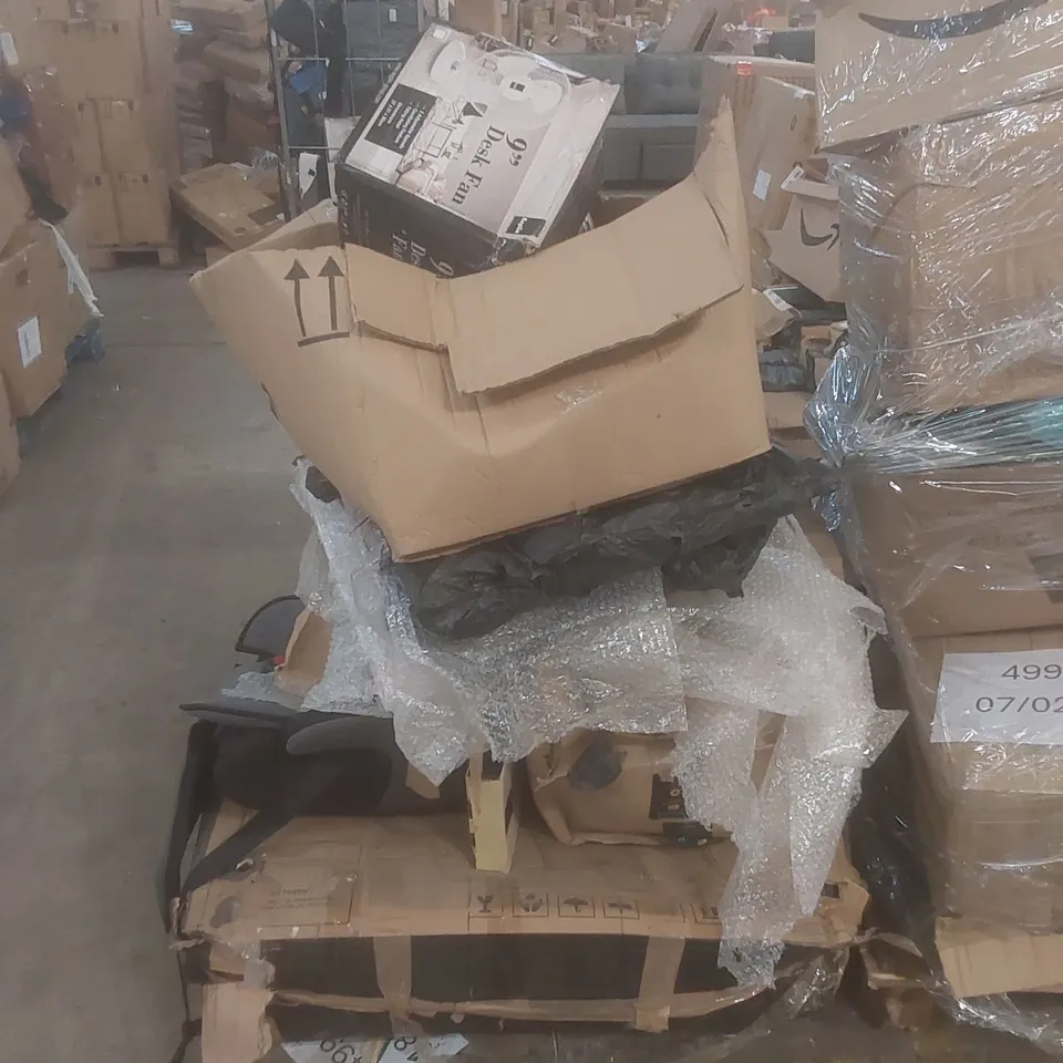 PALLET OF ASSORTED E-COMMERCE AND HOUSEHOLD PRODUCTS TO INCLUDE; DESK FANS, GARDEN LOUNGER, HEATERS ETC