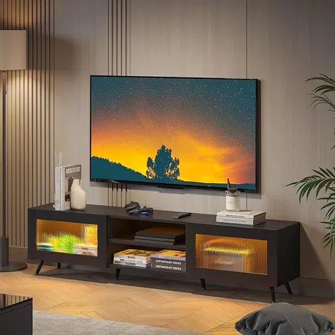 BOXED HEDOAJIM BLACK TV STAND FOR 32-70 INCH TVS, 2 ACRYLIC DOORS SHELF
