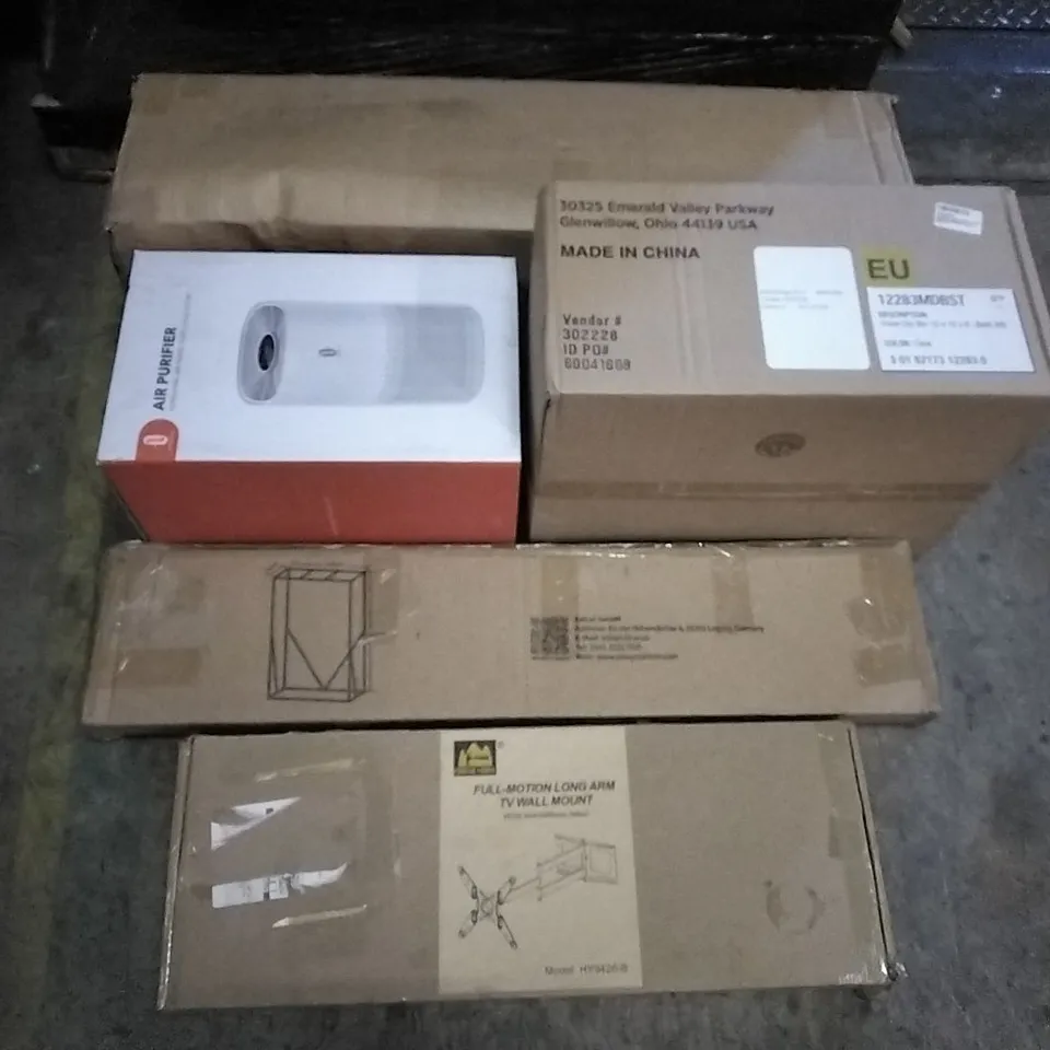 PALLET OF ASSORTED ITEMS INCLUDING YONISEE DESK CHAIR, ACCSTORE SHOE RACK, SKY LIGHT CUTTING BOARD, FADWARE FRYING PAN, FORGING MOUNT FULL MOTION LONG ARM TV WALL MOUNT, TROTRONICS AIR PURIFIER
