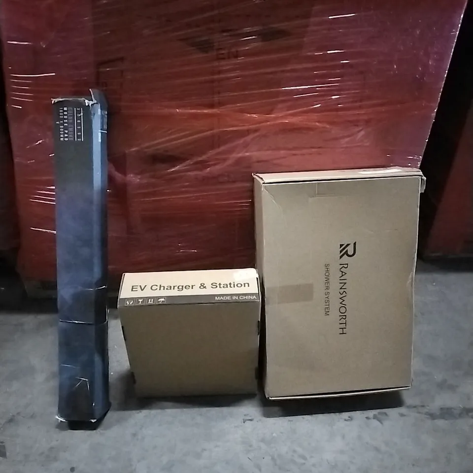 PALLET OF HOUSEHOLD ITEMS TO INCLUDE MOUSE PAD, EV CHARGER AND STATION,  SHOWER SYSTEM AND OTHER ASSORTED ITEMS....