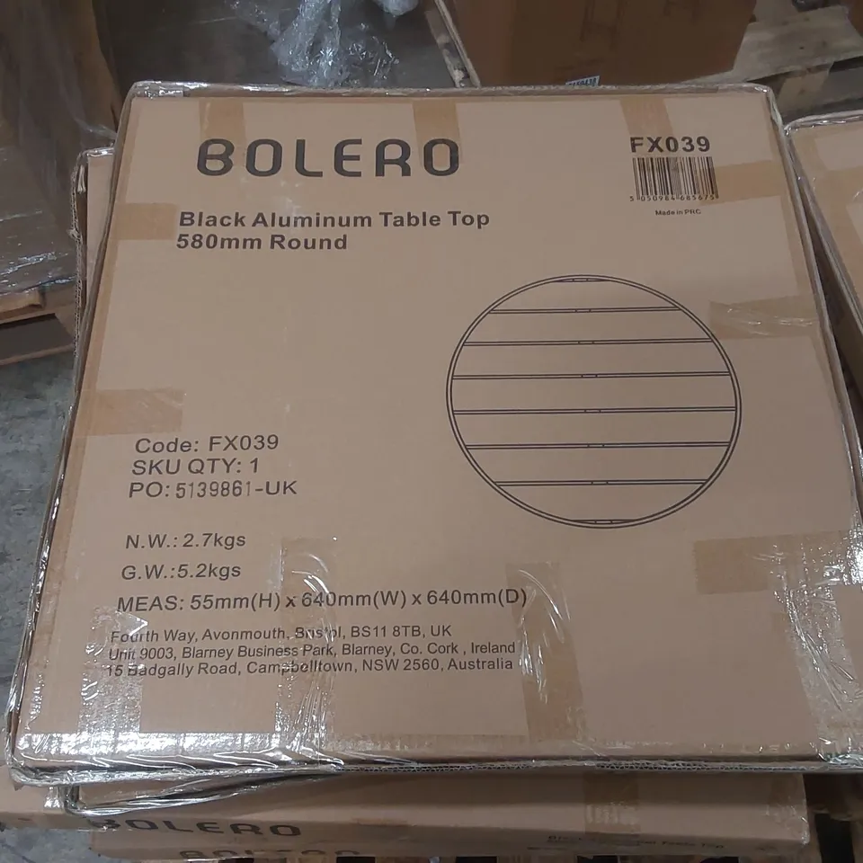 PALLET CONTAINING APPROXIMATELY 19x BRAND NEW BOLERO ALUMINIUM TABLE TOPS 