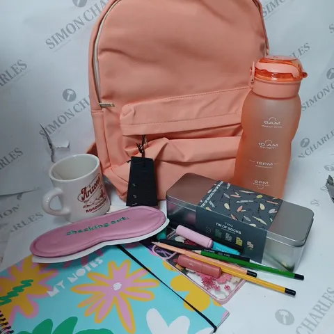 APPROXIMATELY 15 COTTON ON ITEMS INCLUDING PEACH BACKPACK WITH MATCHING LARGE WATER BOTTLE, A4 FLORAL NOTEBOOK AND SOCKS IN A TIN