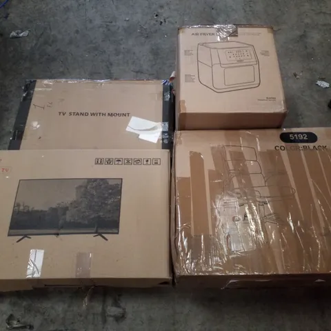 PALLET CONTAINING ASSORTED PRODUCTS INCLUDING 32" LED TV, TV STAND WITH  MOUNT, OFFICE CHAIR & AIR FRYER