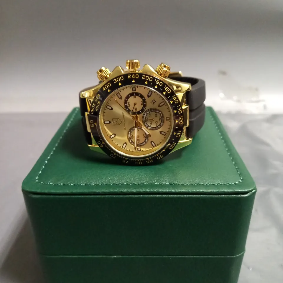 FRANK SCHMIDT MENS WATCH MULTI FUNCTION SUB DIALS WITH DATE RUBBER SPORTS STRAP 3ATM WATER RESISTANT IN BLACK/GOLD