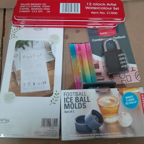 APPROXIMATELY 20 ASSORTED HOUSEHOLD ITEMS TOO INCLUDE, ICE BALL MOLDS - CRYSTALS - PADLOCK