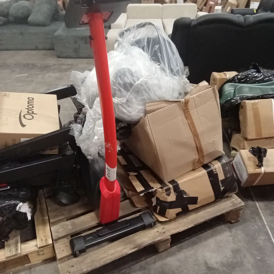 PALLET OF ASSORTED RETURNS GOODS, INCLUDING; COMPUTER MONITOR, EXERCISE BIKE, PRAM ACCESSORIES ETC