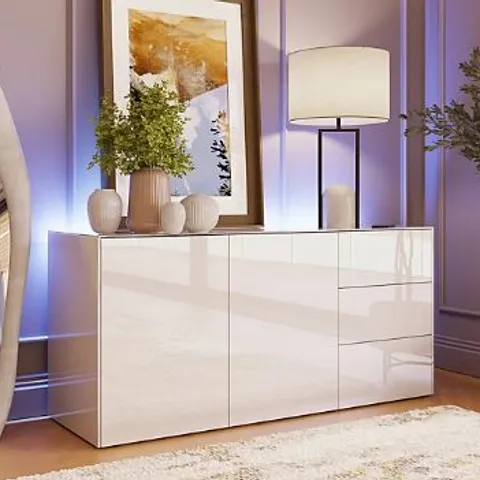 BOXED WHITE HIGH GLOSS SIDEBOARD WITH WIRELESS PHONE CHARGING AND ALEXA OR APP OPERATED LED MOOD LIGHTING (3 BOXES)