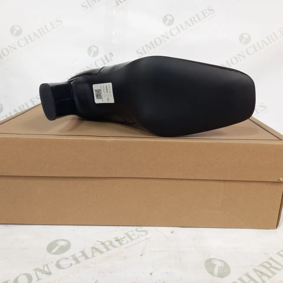 BOXED PAIR OF ASOS DESIGN EMBASSY HIGH HEELED ANKLE BOOTS IN BLACK UK SIZE 6