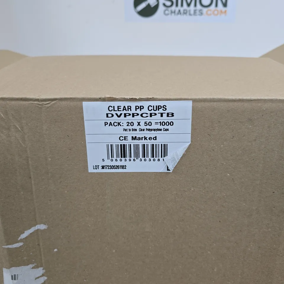 BOX OF LARGE AMOUNT OF CLEAR PLASTIC CUPS