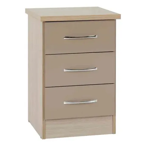 BOXED SECONIQUE NEVADA 3 DRAWER BEDSIDE TABLE - OYSTER GLOSS/LIGHT OAK (1 BOX)