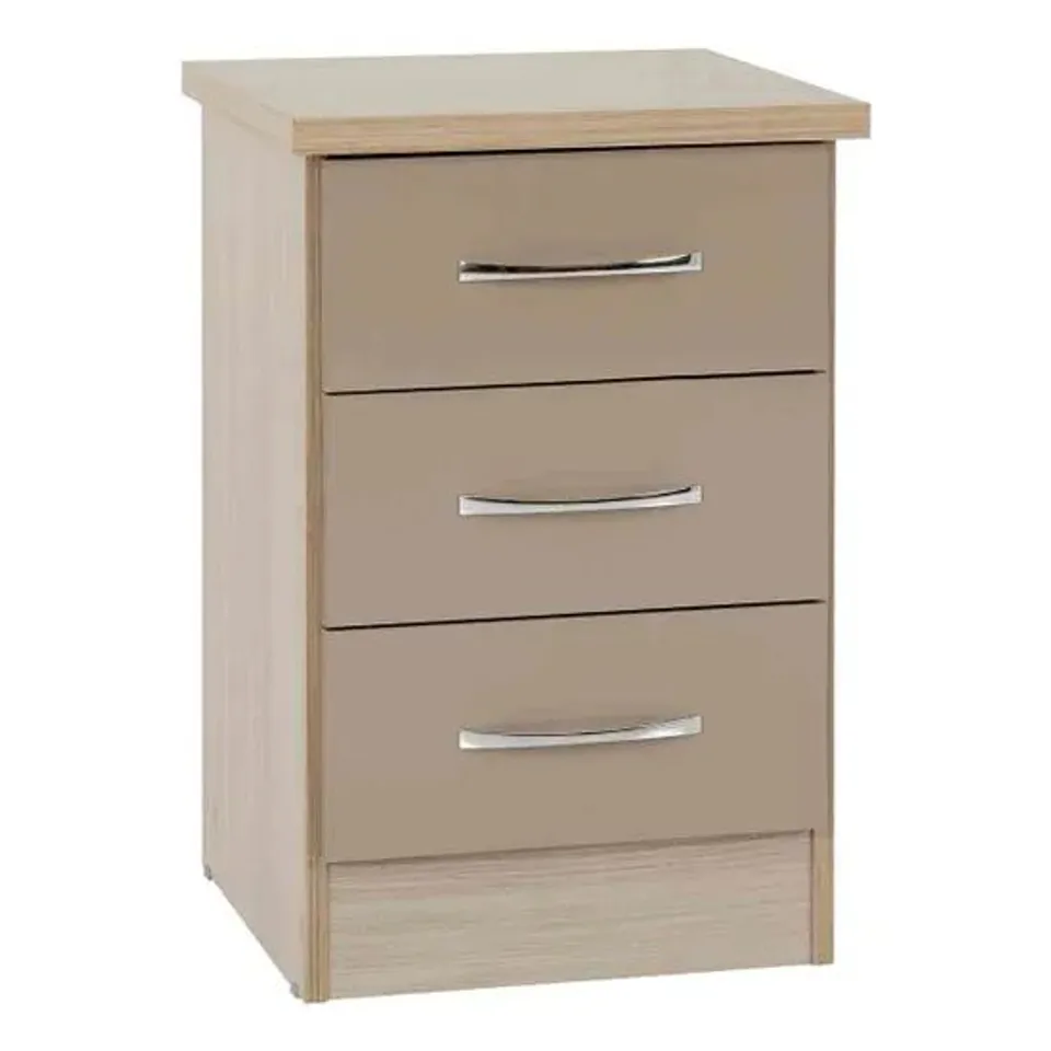 BOXED SECONIQUE NEVADA 3 DRAWER BEDSIDE TABLE - OYSTER GLOSS/LIGHT OAK (1 BOX)