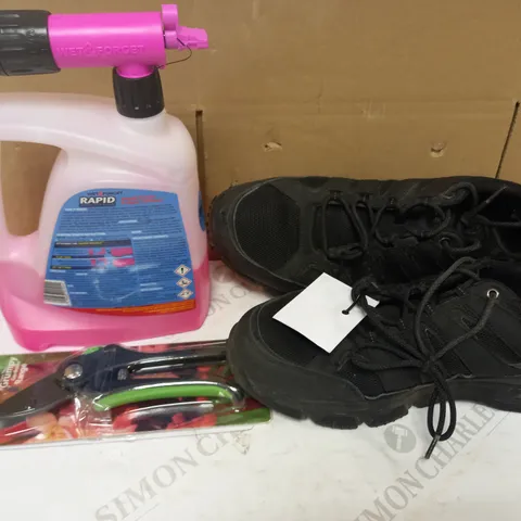BOX OF APPROXIMATELY 15 ASSORTED HOUSEHOLD ITEMS TO INCLUDE GREAN BASE BYPASS SECATEURS, WET & FORGET MOULD LICHEN & ALGAE REMOVER, DESIGNER TRAINERS IN BLACK UK SIZE 11, ETC