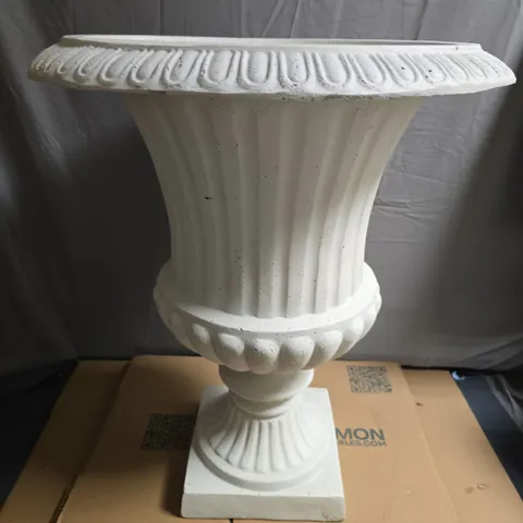 WHITE FLUTED GARDEN URN PLANTER ON PEDESTAL – CLASSICAL STYLE