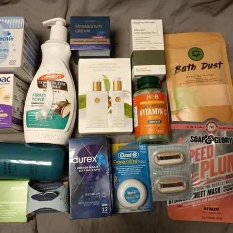 LOT OF APPROXIMATELY 15 ASSORTED HEALTH AND BEAUTY ITEMS TOP INCLUDE OPTIBAC SUPPLEMENT, MAGNESIUM CREAM AND DUREX CONDOMS