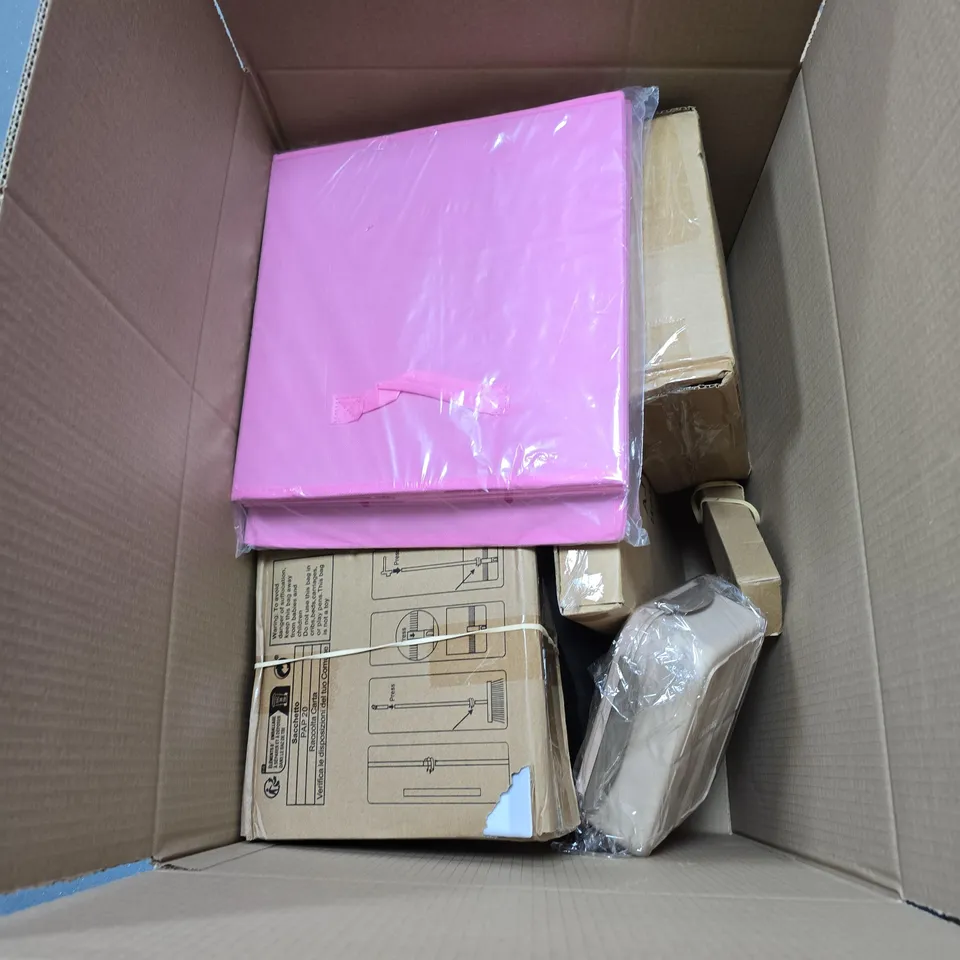 BOX OF APPROXIMATELY 10 ASSORTED HOUSEHOLD ITEMS INCLUDING MONITOR UPPER ARM , WILDFLOWERS EMBOSSING FOLDER AND PHOTO FRAME 