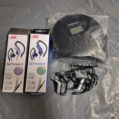 LOT OF 4 ASSORTED AUDIO ITEMS TO INCLUDE JVC WIRED EARBUDS AND OAKCASTLE CD PLAYER