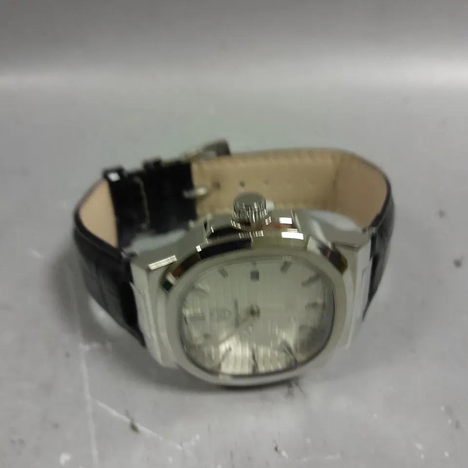 MENS FRANK SCHMIDT WATCH – TEXTURED DIAL WITH DATE – LEATHER STRAP- MODEL: FSL AMBASSADOR – 3ATM WATER RESISTANT