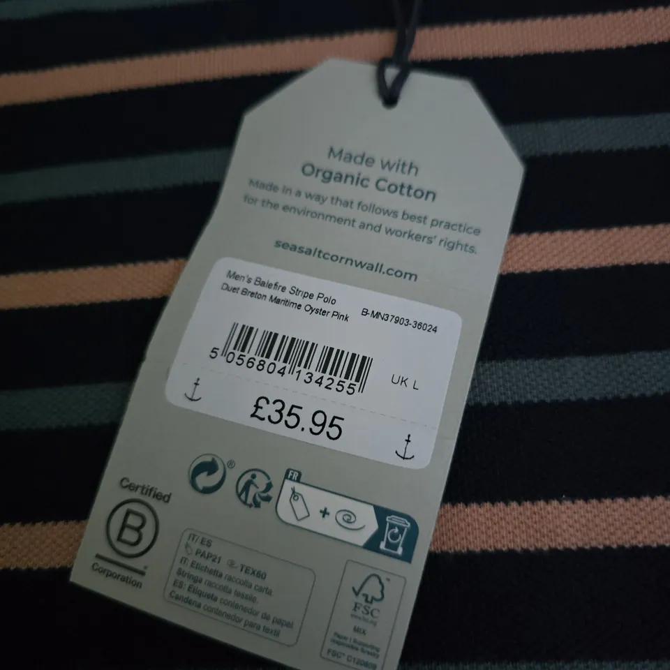 SEASALT CORNWALL MEN’S STRIPED ORGANIC COTTON POLO SHIRT – UK L