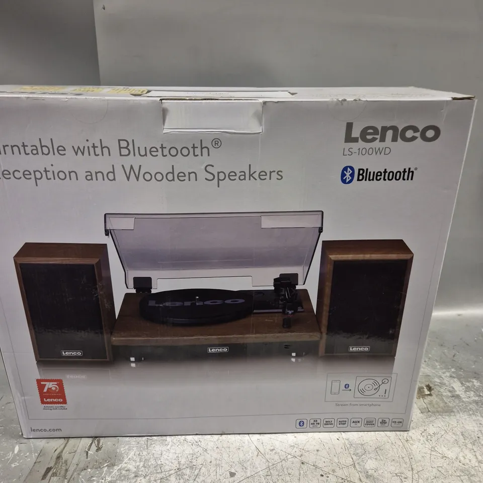 BOXED LENCO LS-100WD BELT DRIVE TURNTABLE WITH WOODEN SPEAKERS