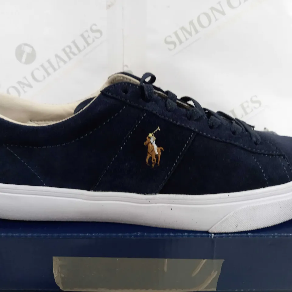 BOXED PAIR OF POLO RALPH LAUREN SAYER LOW TOP TRAINERS IN SUEDE - NAVY - UK 7