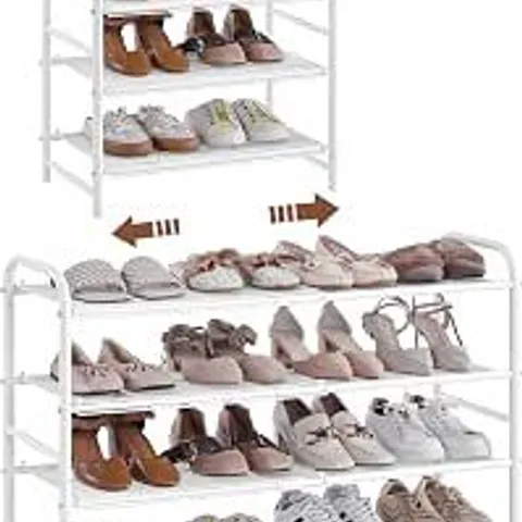 BOXED YAHEETECH EXTENDABLE 4 TIER SHOE RACK WITH MESH SHELF, ADJUSTABLE SHOE ORGANISER FOR CLOSET, TOOL-FREE ASSEMBLY, STABLE CONSTRUCTION, FREE STANDING SHOE RACK FOR SMALL SPACE, WHITE (1 BOX)