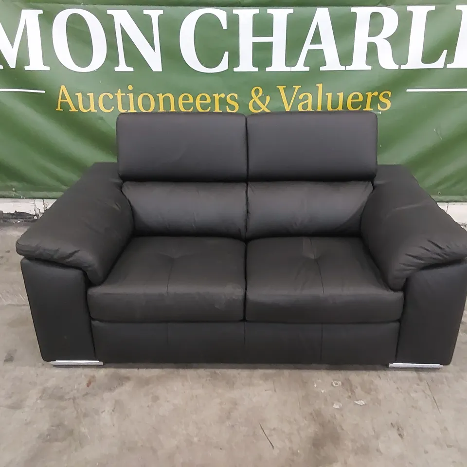 DESIGNER 2 SEATER BLACK LEATHER SOFA WITH ADJUSTABLE HEAD REST