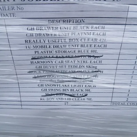 PALLET OF APPROXIMATELY 12 ASSORTED PRODUCTS TO INCLUDE; DRAWER UNIT, REALLY USEFUL BOX, SWING BIN, SNOWFLAKE LIGHT AND DUVET SET