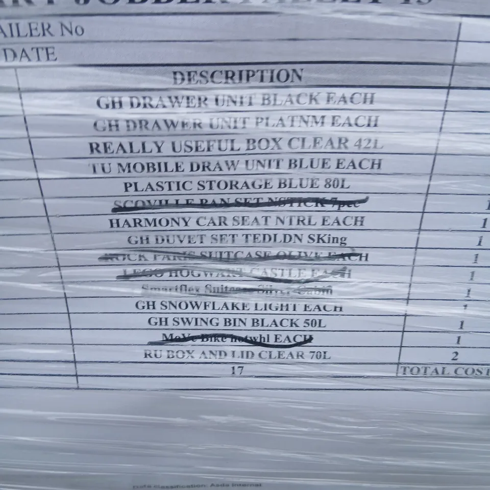 PALLET OF APPROXIMATELY 12 ASSORTED PRODUCTS TO INCLUDE; DRAWER UNIT, REALLY USEFUL BOX, SWING BIN, SNOWFLAKE LIGHT AND DUVET SET