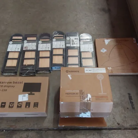 PALLET OF ASSORTED ITEMS INCLUDING: MODULAR WOODEN SHELVES, LED MONITOR, CIRCULATION FAN, POP-UP BEACH TENT ECT