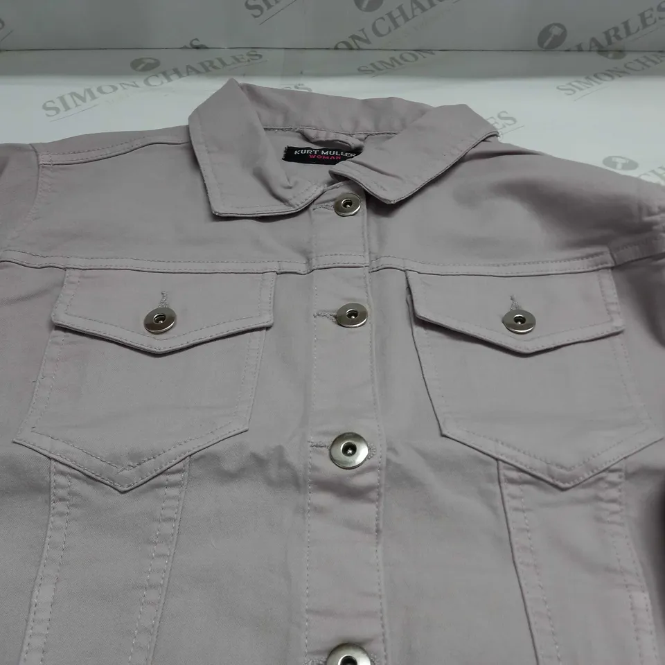 KURT MULLER WOMAN CROP FAUX DENIM JACKET IN PURPLE HAZE- UK 20