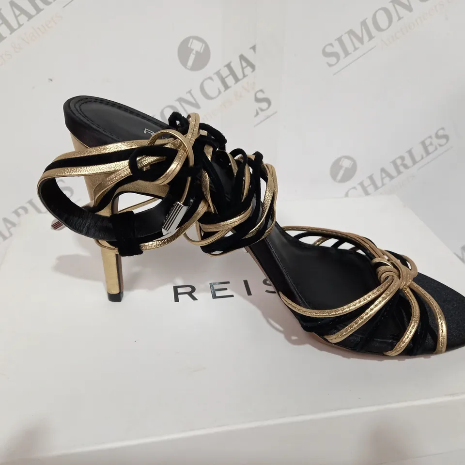 BOXED PAIR OF REISS CASSIDY STRAPPY HEELS IN BLACK/GOLD SIZE 6
