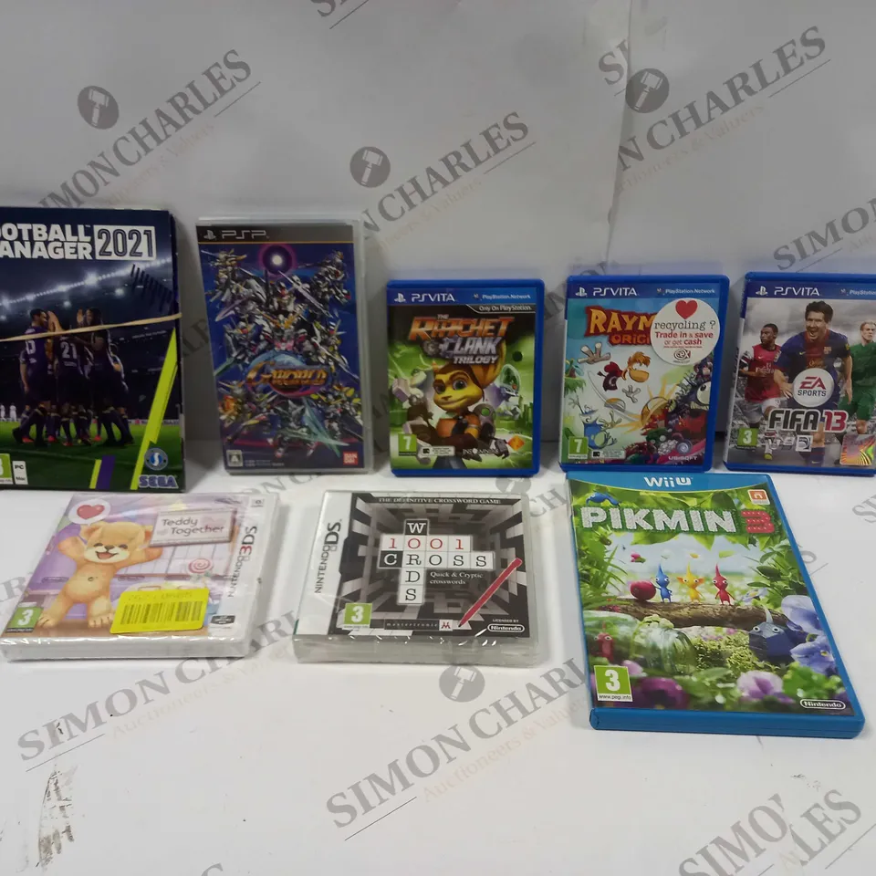 APPROX. 8 X ASSORTED VIDEO GAMES FOR VARIOUS CONSOLES. INCLUDES RAYMAN ORIGINS, PIKMIN 3, FOOTBALL MANAGER, THE RACHET & CLANK TRILOGY ETC 