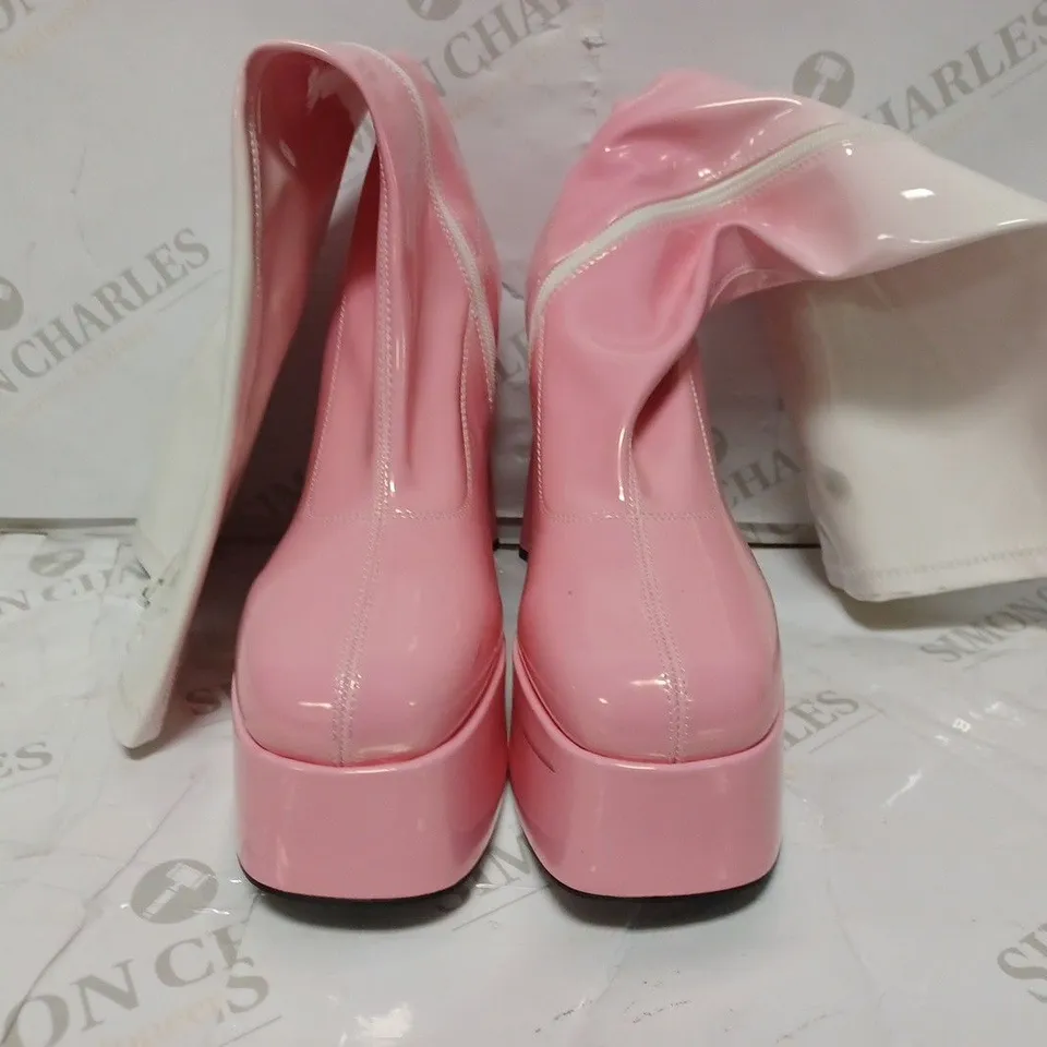 PAIR OF KOI DESIGNER VEGAN RASPBERRY RIPPLE HEELED LONG BOOTS IN PINK/WHITE - SIZE 6