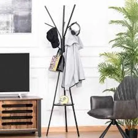 BOXED HOMCOM FREESTANDING METAL COAT RACK STAND 9 HOOKS CLOTHES TREE WITH 1 SHELF HAT DISPLAY HALL TREE HANGER BAG UMBRELLA HANGING ORGANISER BLACK