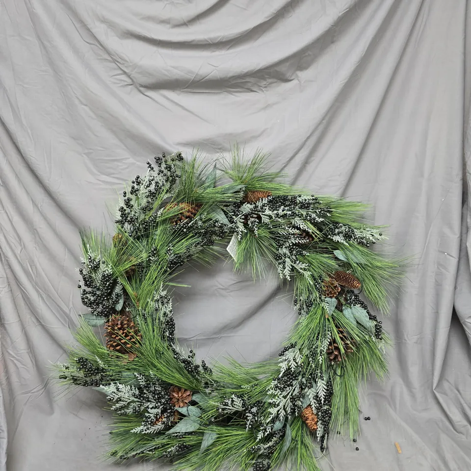 BOXED PRE LIT CHRISTMAS WREATH WITH GREEN BERRIES AND PINECONES - 90 CM